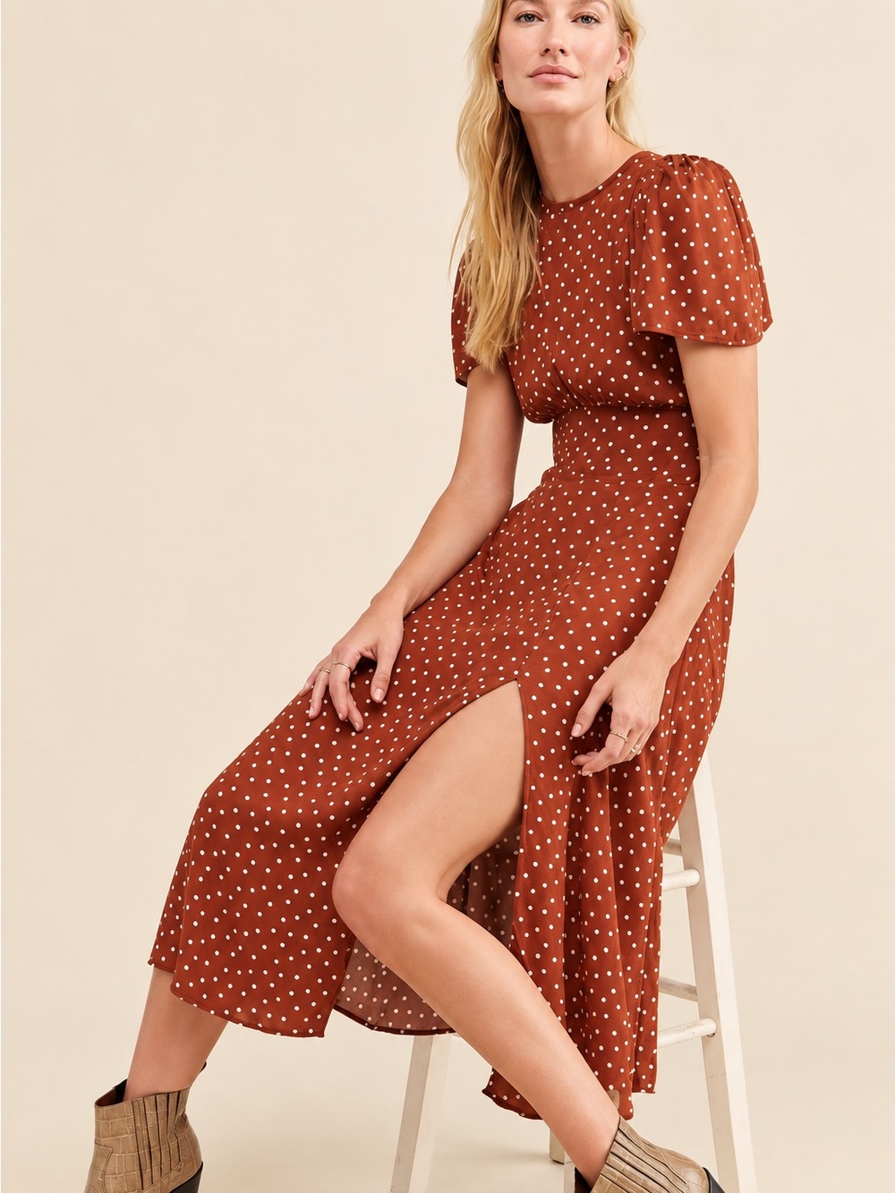 AFRM Jamie Rust Polka Dot Midi Dress with Short Puff Sleeves Size Medium